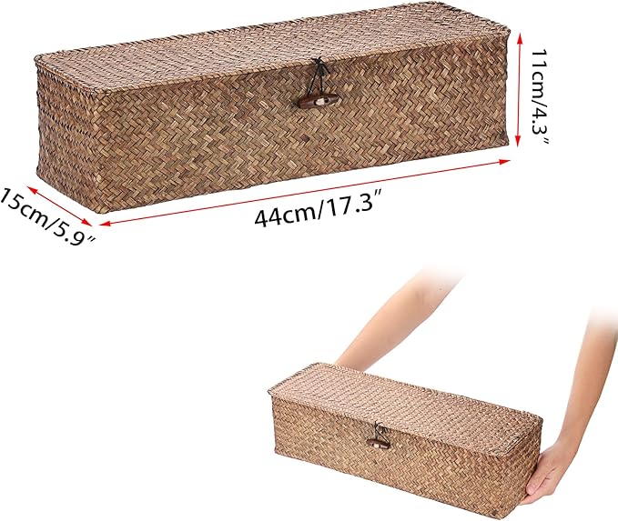 Sumnacon Extended Seagrass Storage Basket with Lid 3-Section Wicker Storage Basket,Small Woven Shelf Basket for Toiletries Tampon Storage,Seagrass Basket for Shelf Bathroom Toilet Counter,Coffee