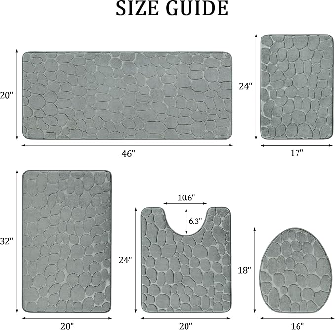 YIHOUSE Bathroom Rugs Mat Set, Memory Foam Bath Mat 5 Piece Gray