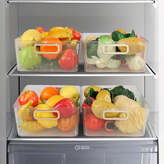4 Pack Clear Plastic Storage Container Bins for Pantry, Fridge, Shelf, Tabletop, Cabinet