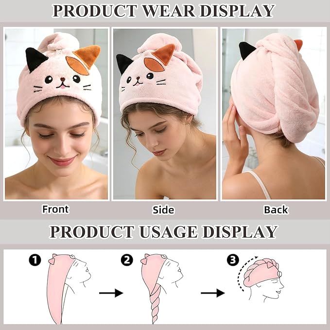 2Pack Microfiber Hair Towel Wrap for Kids, Cute Cat Absorbent Hair Drying Turbans Head Towels for Women Girls (Gray and Light Pink Cat)