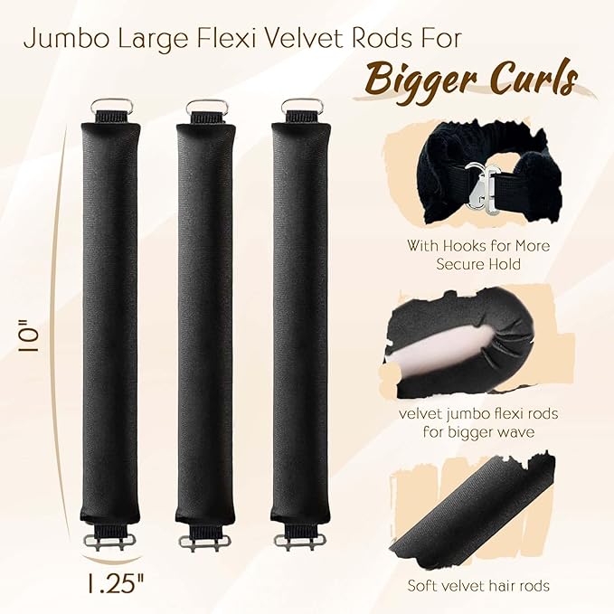RBNN Heatless Hair Curlers, Satin Foam Rollers, Overnight Curling Rods for Long Hair, 5 Count (Black)
