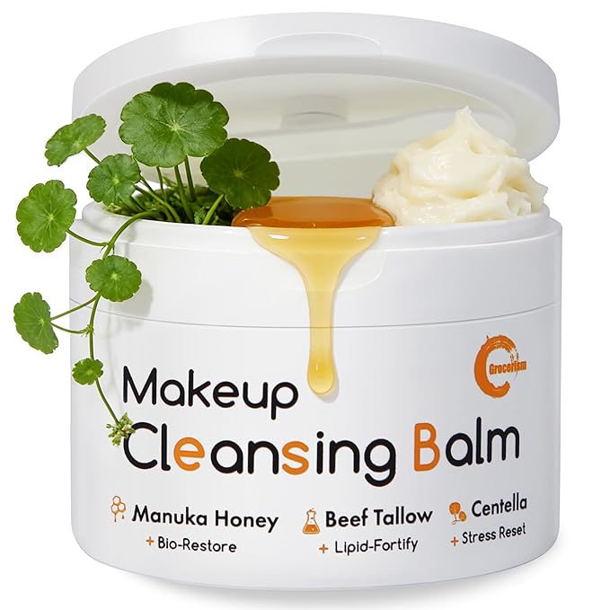Grocerism Makeup Remover Balm with Manuka Honey, Grass-Fed Tallow & Centella, Makeup Cleansing Balm for Waterproof Mascara, SPF & Long-Wear Makeup, Rinses Clean, 3.53 Oz