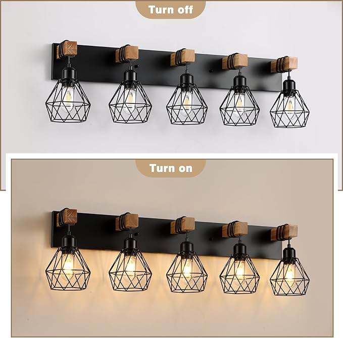 5-Light Farmhouse Bathroom Vanity Light Fixtures, Wood Bathroom Light Fixtures Over Mirror, Rustic Sconces Wall Lighting with Elegant Metal Lampshade for Living Room, Bedroom, Hallway