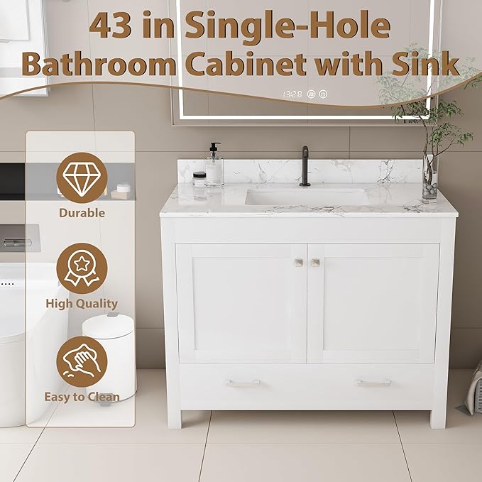 Montary 42" Bathroom Vanity with 43" Artificial Marble Carrara White Top, Modern Stylish MDF Bathroom Storage Cabinet, Vanity Set with 2 Doors and One Large Divided Drawer, White (Single Hole)