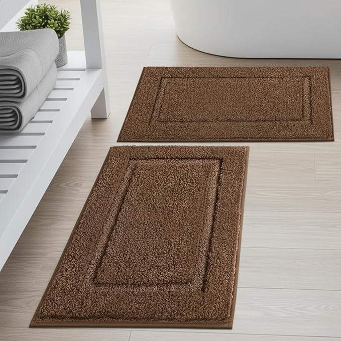 SHACOS Super Soft Bathroom Rugs Set of 2 Pieces 32x20 inch Microfiber Bath Rugs Non Slip Washable Bath Mats Absorbent Bathroom Mats for Shower Tub, Coffee Brown