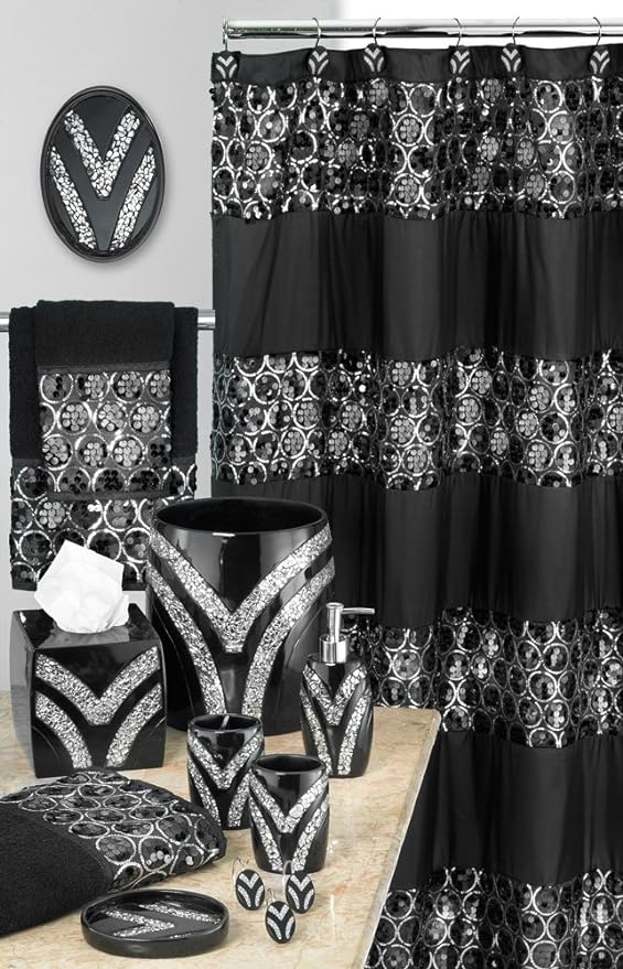 Zahari Home 2pc Sinatra Black Modern Bath Accessories Set Waste Basket & Tissue Box Modern Decorative Beautiful Designs Bathroom Decor Set for Home Luxury Bath Set Mosaic Glass