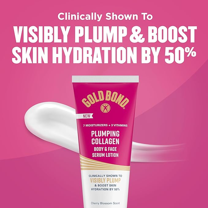 Gold Bond Plumping Collagen Body and Face Serum Lotion, Lightweight Hydrating Moisturizer with Collagen Peptide Complex, Jojoba and Grapeseed Oils to Visibly Plump Skin, Cherry Blossom, 8 oz, 2 Pack