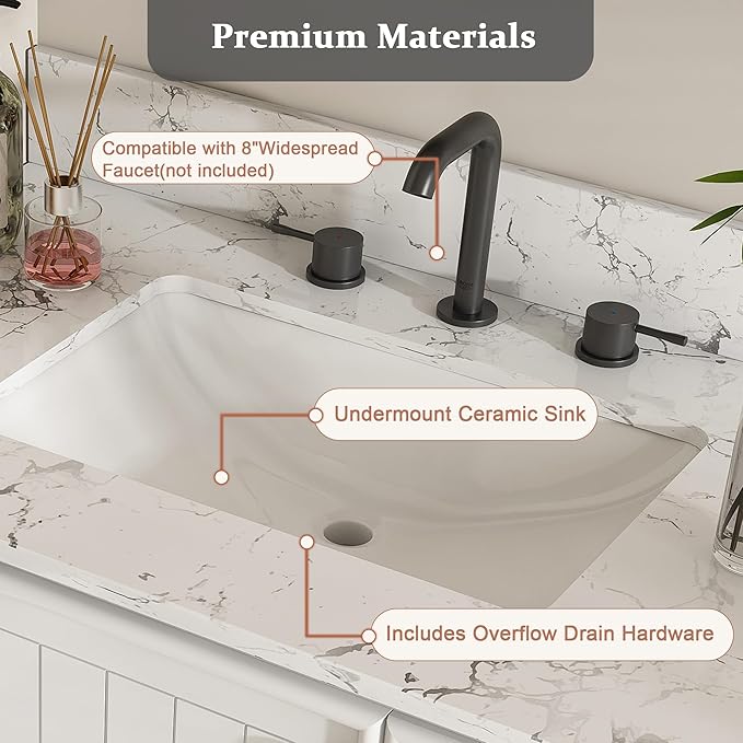 Montary 36" Bathroom Vanity with 37" Artificial Marble Carrara White Top, Modern Stylish MDF Bathroom Storage Cabinet, Freestanding Vanity Set with One Cabinet & 3 Drawers, White (Three Holes)