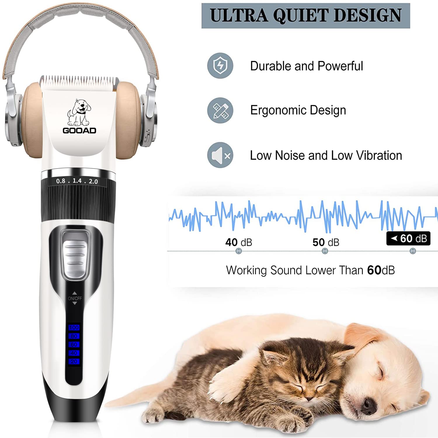 Gooad Dog Clippers Grooming Kit and Paw Trimmer,Cordless,Low Noise, Electric Quiet,Rechargeable, Dog Trimmer Grooming, Pet Hair Clippers for Thick Coats,Shaver for Small and Large Dogs Cats