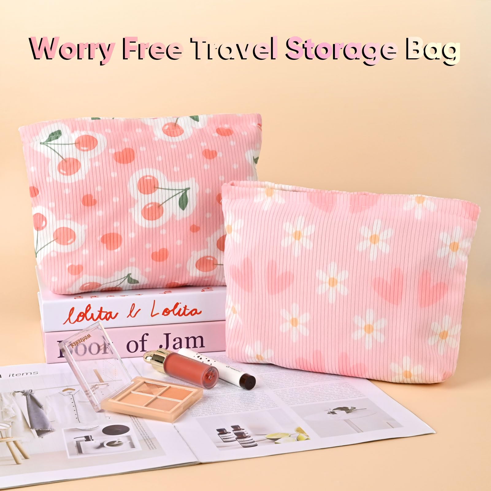 Ksriylm Cute Cherry Makeup Pouch for Women Red Heart Small Make Up Bag for Purse Zipper Initial Makeup Cosmetic Bags Pouches for Purse Aesthetic Travel Toiletry Bags, Pink Cherries Hearts