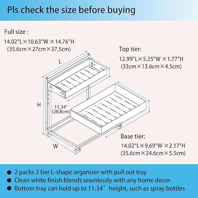 Under Sink Organizer, Bathroom Counter Organizer, 2 Pack 2 Tier L-Shape White, Adjustable Height Carbon Steel, Under Cabinet Storage with Pull Out Drawer, Use for Kitchen Bathroom Office Shop Laundry