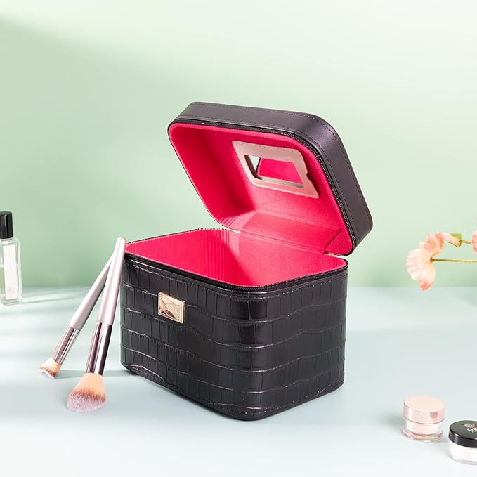 Sluxa Fashion makeup box, Portable leather hard cosmetic case with mirror, Professional train case make up box for women adults. (Black)