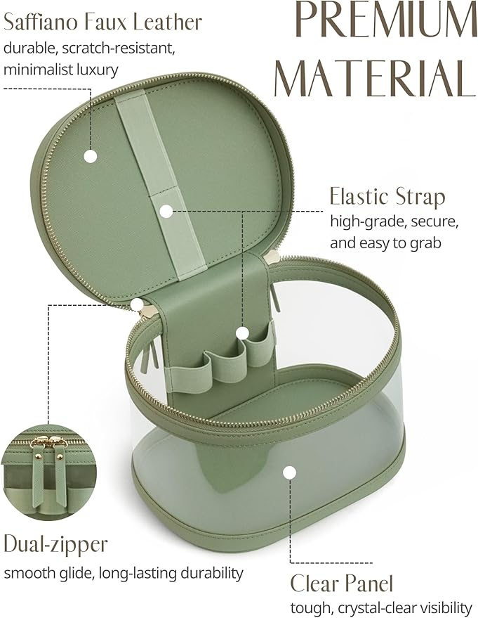 Popvibe Travel Makeup Case Clear Vanity Bag with Brush Holder, Compact Leather Train Case Sage Green Make Up Bag Storage Organizer Luxury Cosmetic Case Travel Essentials Cute Portable with Handle