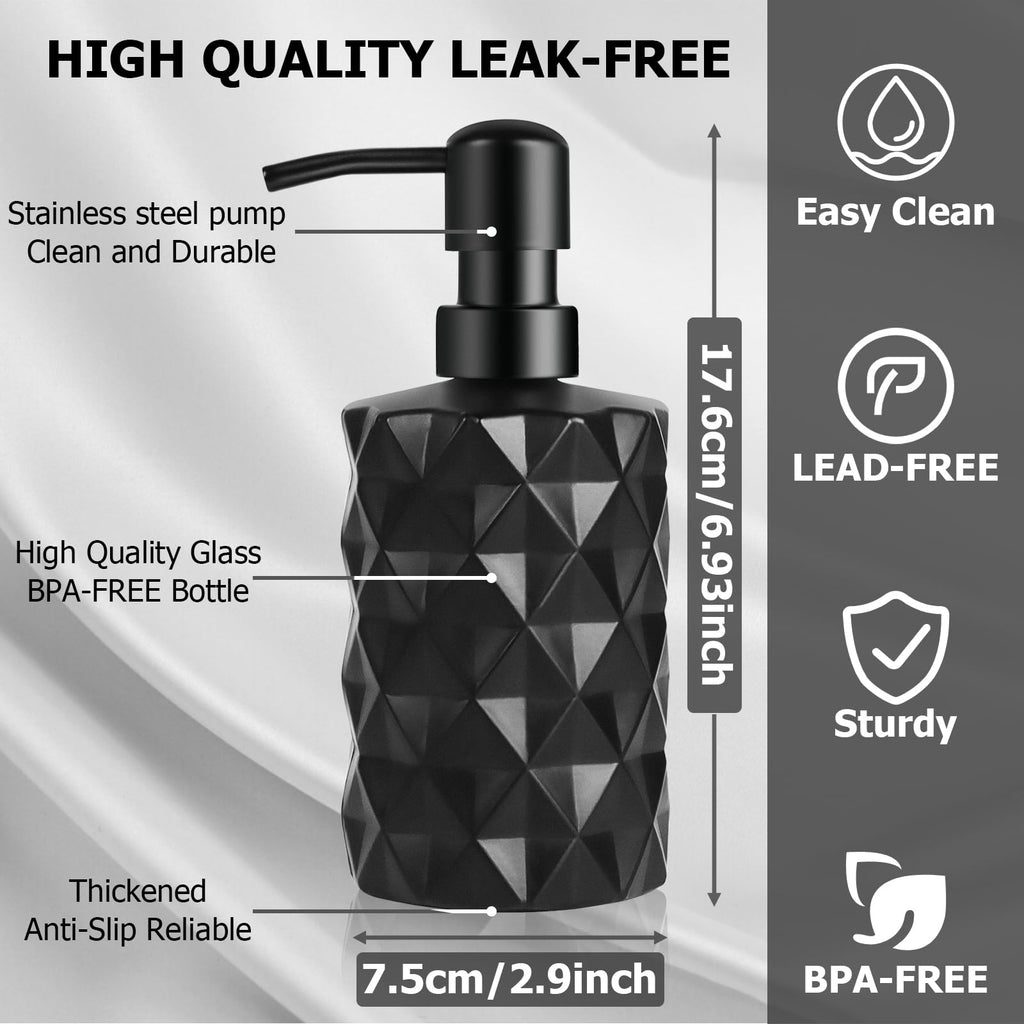 Glass Soap Dispenser with Plastic Pump, 330ml/11oz. Liquid Hand Soap Dispenser for Bathroom and Kitchen, Hand-Pump Dispenser for Dishwashing Liquid, Lotion, Soap, Essential Oil (Matte Black)