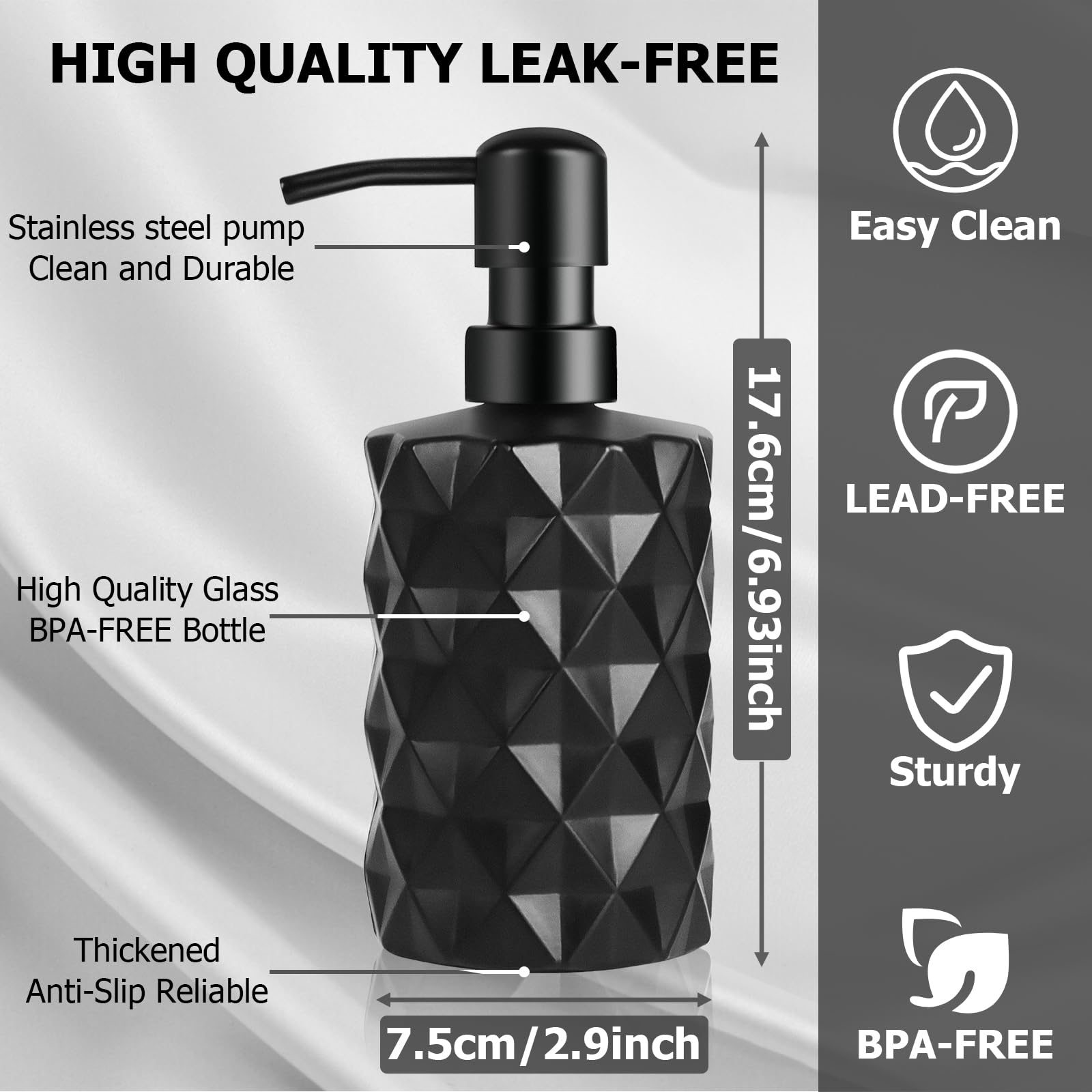 Glass Soap Dispenser with Plastic Pump, 330ml/11oz. Liquid Hand Soap Dispenser for Bathroom and Kitchen, Hand-Pump Dispenser for Dishwashing Liquid, Lotion, Soap, Essential Oil (Matte Black)