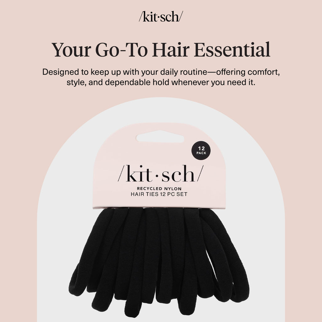 Kitsch Nylon Hair Ties No Damage - Stretchable Hair Bands for Strong All-Day Hold, Ponytail Holders | Hair Accessories for Girls - Black, 12 Pcs
