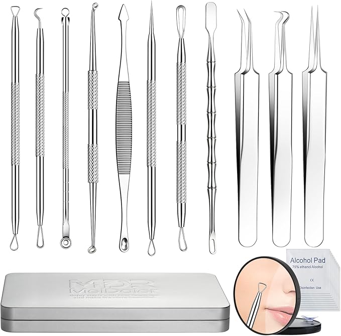 Meidaier 11Pcs Blackhead Remover Kit, Stainless Steel Acne Comedone Extractor with 10X Magnifying Glass & 20 75% Alcohol Pads, Pimple Whitehead Blemish Removal, Anti-Slip Handle & Storage Box