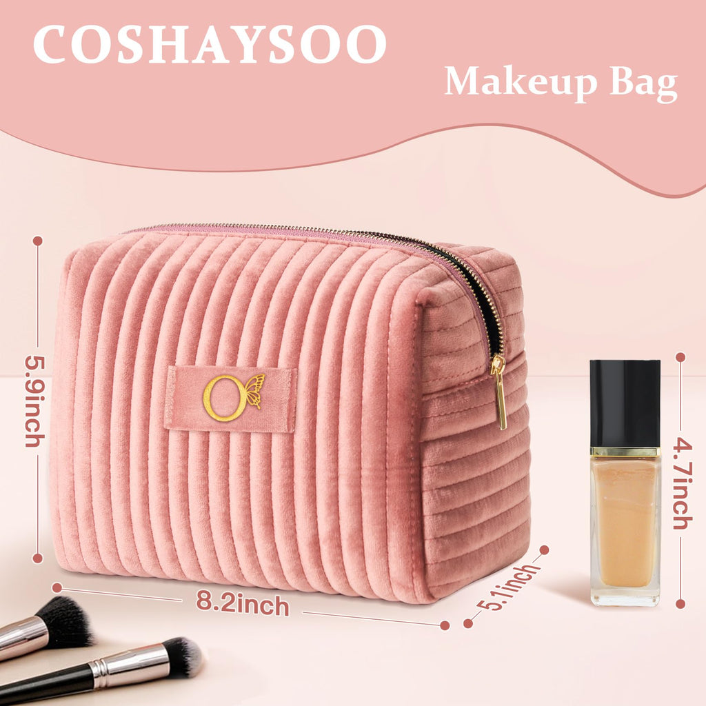 COSHAYSOO Travel Makeup Bag Quilted Make Up Pouch Initial Velvet Cosmetic Case with Butterfly Decor for Young Women 18 19 20 21 22 23 24 25 26 27 28 29 30 40 50 Year Old Birthday Gifts Pink Letter O
