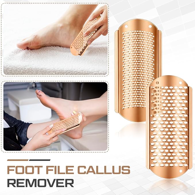 Moxweyeni 8 Pack Rose Gold Foot File Callus Remover Replacement Blades Metal Pedicure Rasp Hard Skin Remove Scrubber Stainless Steel 2 Designs Big/fine Hole for Detachable Foot Grater