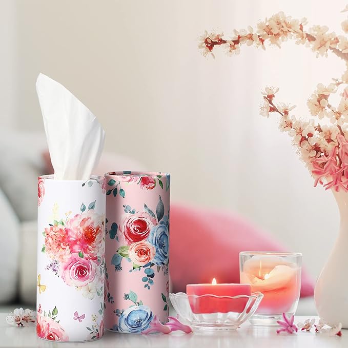 Ctosree 8 Pcs Car Tissue Holder Cylinder Bulk Round Floral Cup Holder Facial Tissues for Travel Refill Car Napkin Box Round Container