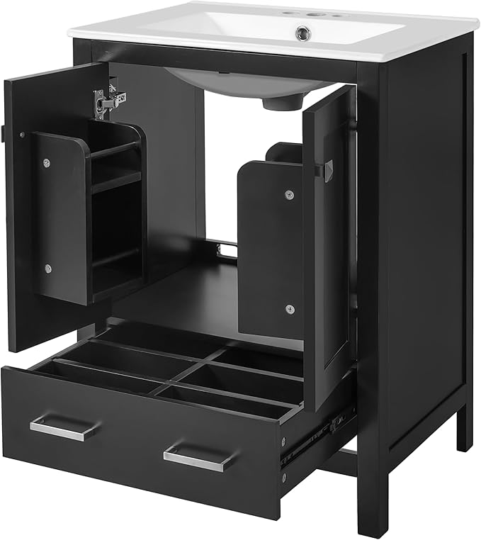 Bellemave 24" Bathroom Vanity with Sink Combo Set, Solid Wood Frame Bathroom Storage Cabinet with a Drawer, 2 Soft Closing Cabinet Doors with Organizer, Black