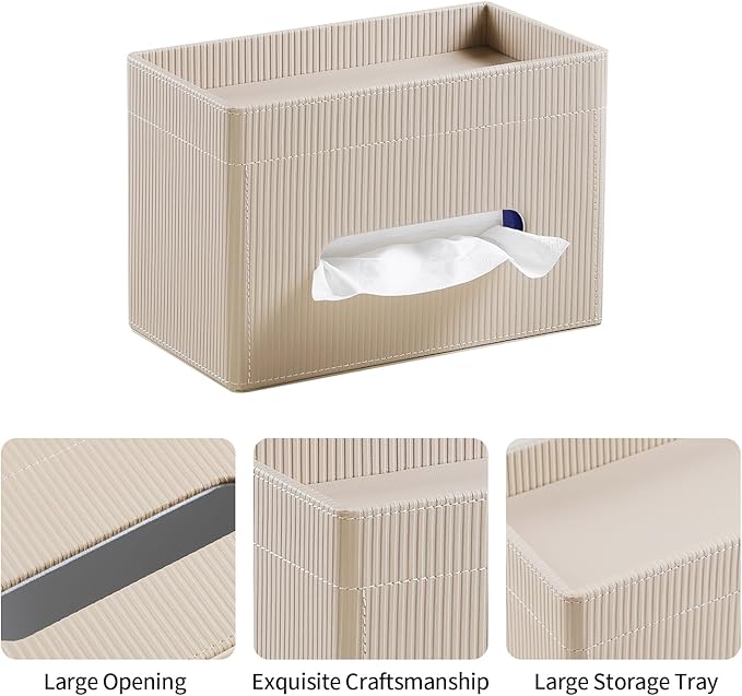 Tissue Box Cover Rectangle with Storage Tray, PU Leather Tissue Holder for Bathroom Vanity Countertop Night Stands Bedroom Office Desk, Stylish Rectangular Tissue Box Holder (Beige)