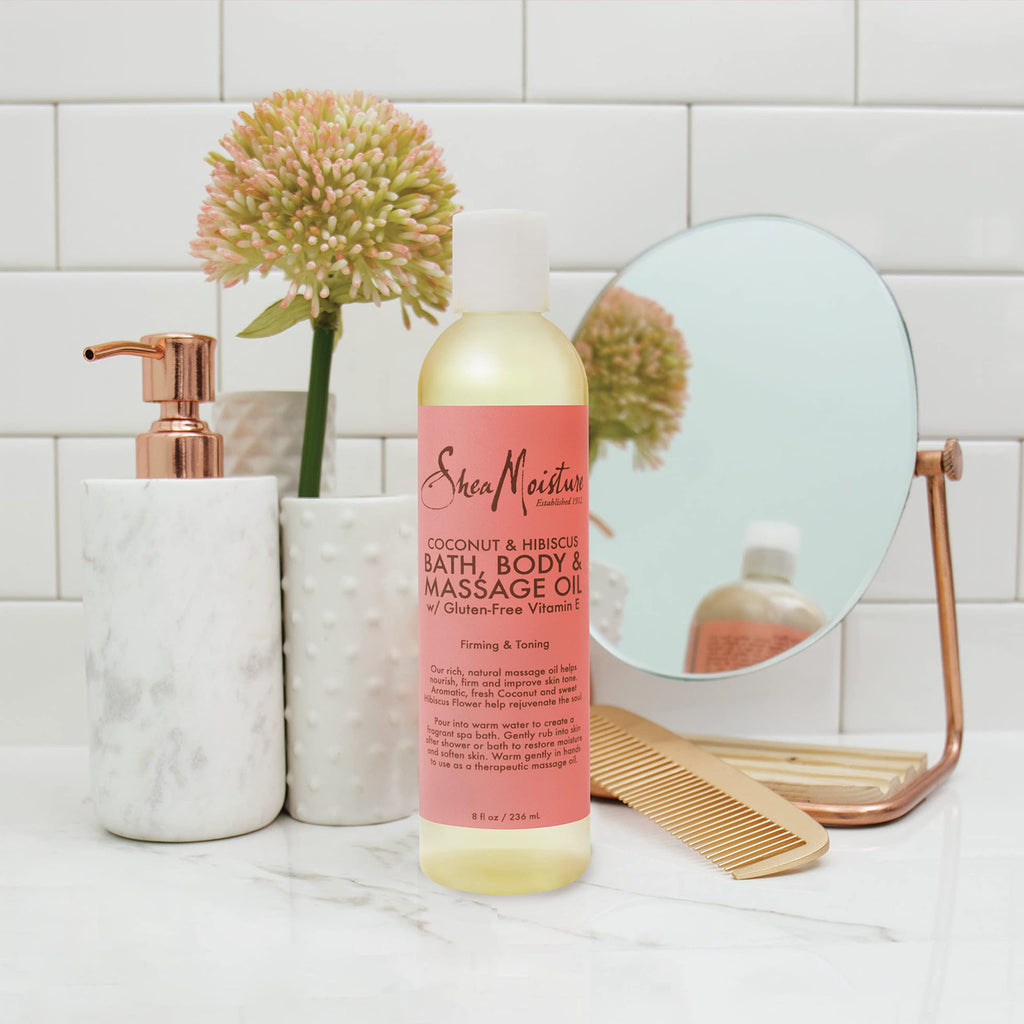 Shea Moisture Coconut & Hibiscus Massage Oil and Body Oil for Dry Skin, Bath Oil with Coconut Oil and Vitamin E Oil for Skin, 8 oz