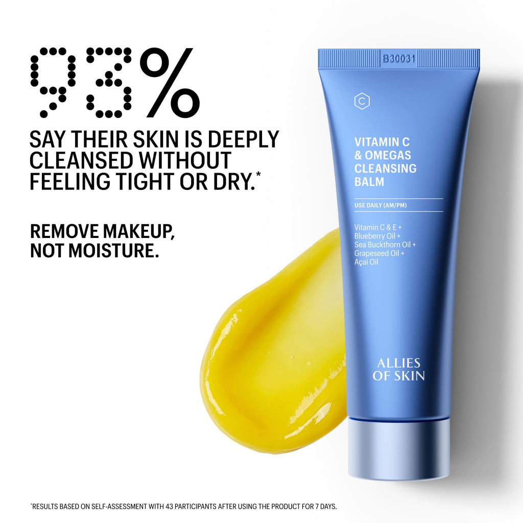 Allies of Skin Vitamin C & Omegas Cleansing Balm | Daily Makeup Remover to Dissolve Waterproof Mascara and SPF | Ophthalmologically Tested for Sensitive Eyes & Skin (3.4 Fl oz)