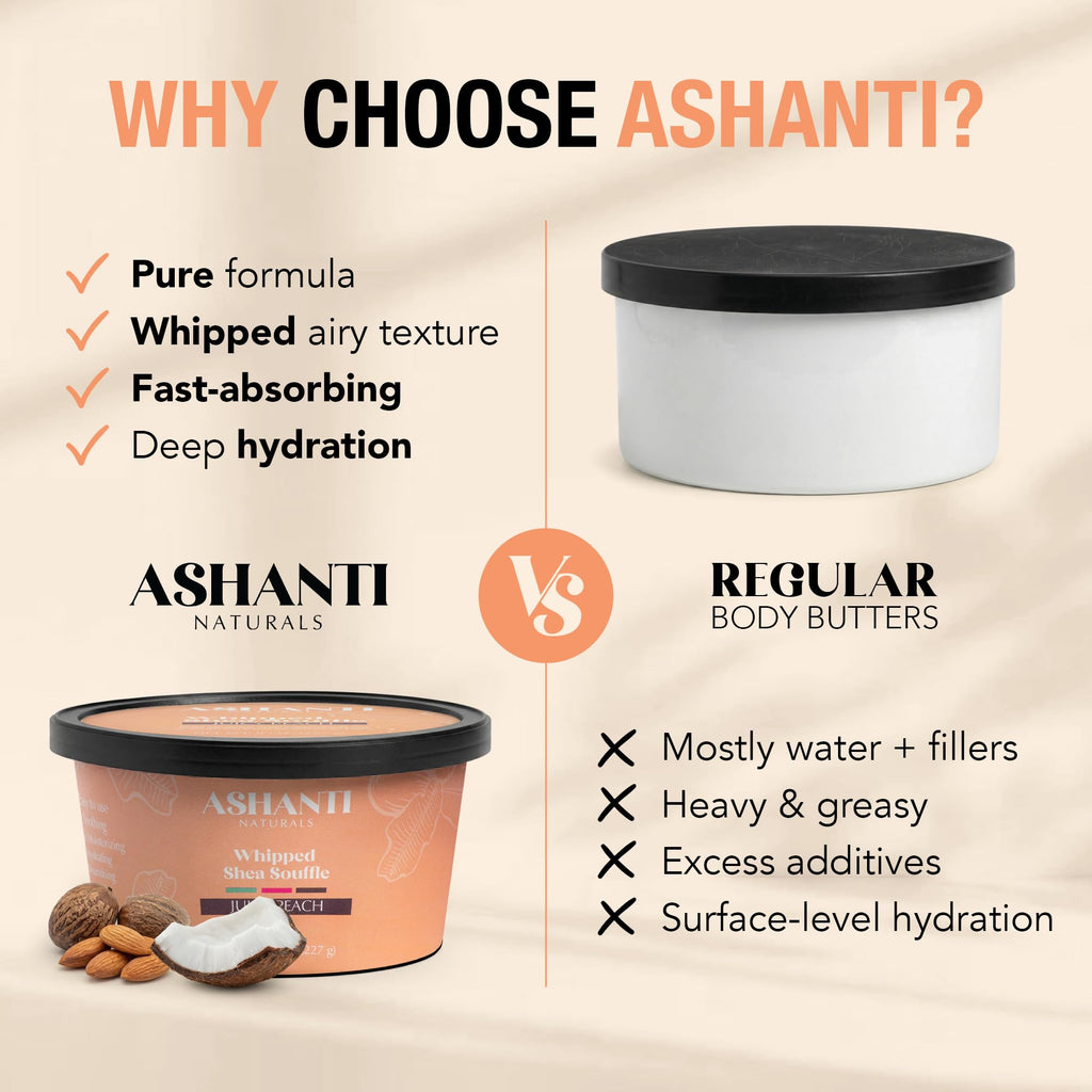 Ashanti Naturals Scented Whipped Shea Butter for Skin | African Body Butter for Women w/Coconut, Almond Oil (Juicy Peach Souffle, 8 oz)