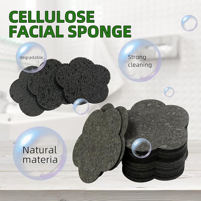 50-Count Facial Sponges Compressed Facial Sponges Natural Facial Cleansing Sponges Pads Cute Flower Shape Exfoliating Sponges for Cleansing Reusable,Best Makeup Gift, Black
