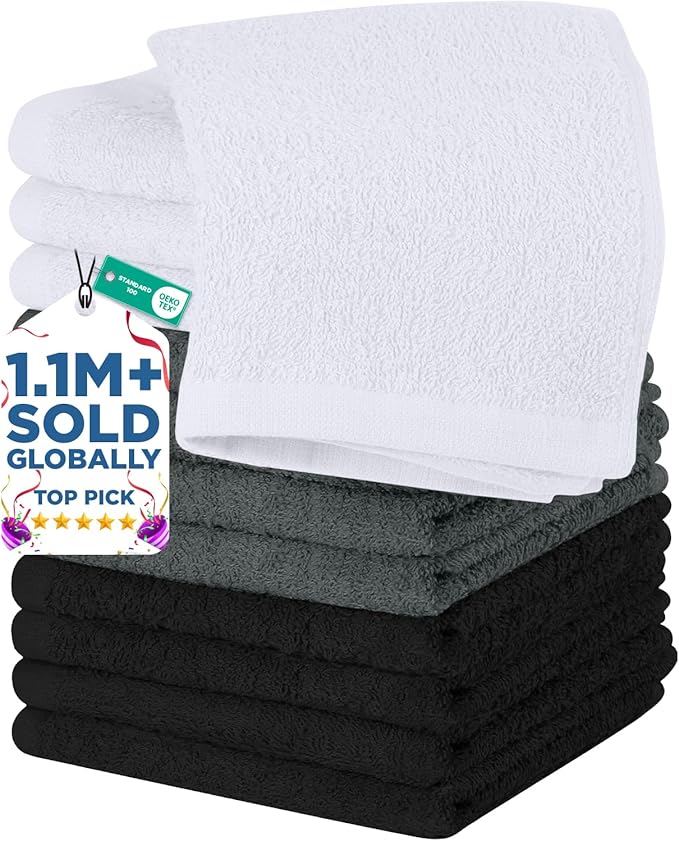 DAN RIVER 12 Pack Wash Cloths for Showering [12x12] - 100% Cotton Washcloths Premium Quality Flannel Face Cloths for Bathroom, Highly Absorbent and Soft Feel Wash Clothes, Black, Grey & White