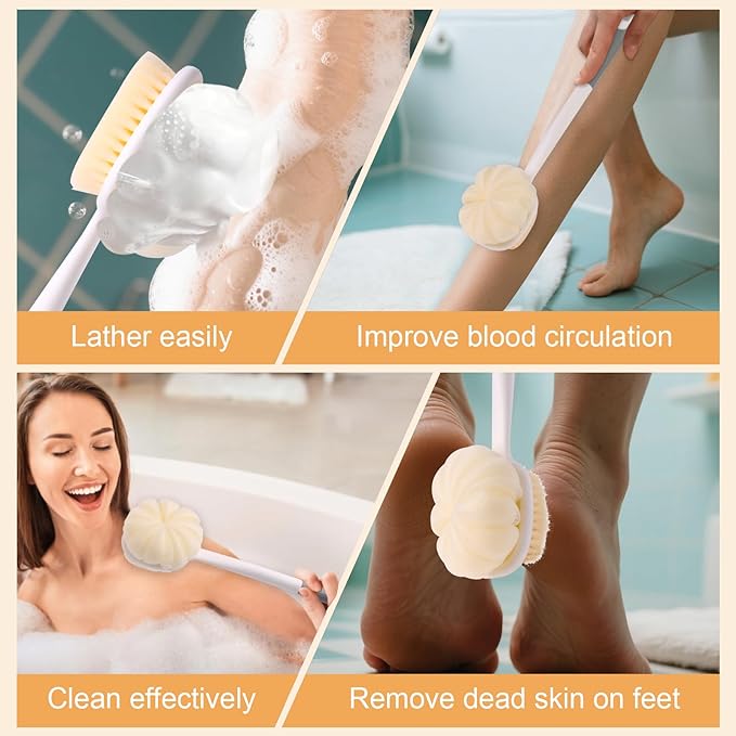 XDMURYM Long Handled Shower Brush for Cleaning Body,Double-Sided Bath Brush for Massage with Bristles and Loofah,Body Brush Exfoliator Mesh Sponge for Women and Men(Gray)