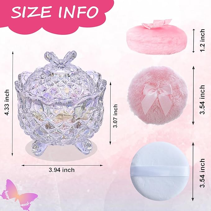 Qopoto 5 Pieces Large Body Powder Puff and Powder Container, Crystal Case for Dust Puff, Powder applicator with Box for Face and Body (Glitter, Butterfly)