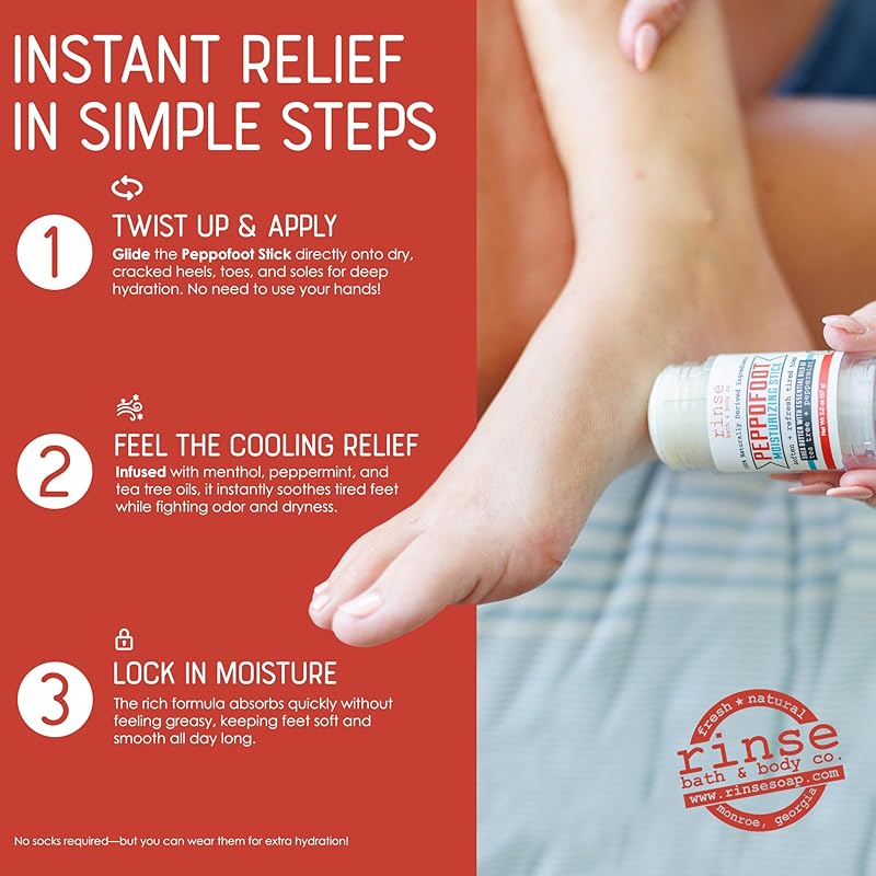 Rinse Bath & Body Peppofoot Heel Balm Stick Concentrated Cracked Heel Treatment, Shea Butter, Peppermint, Tea Tree & Menthol, 2 oz Foot Balm