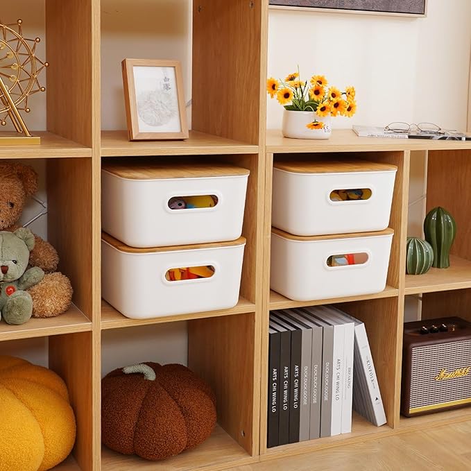 Citylife Storage Bins with Bamboo Lids 13QT Plastic Storage Containers Stackable Organizer Boxes with Handle for Desk Snacks, Toys, 4 PCS, 14" L x 10.6" W x 6.18" H