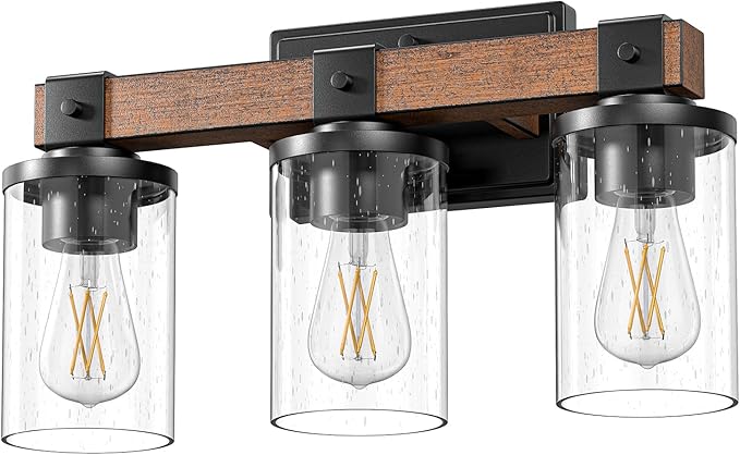 EDISHINE Farmhouse Vanity Lights for Bathroom, 3-Light Bathroom Vanity Light Fixtures Over Mirror, Painted Wood Vintage Bath Wall Sconces Lamp with Bubble Glass Shade for Bedroom, Powder Room