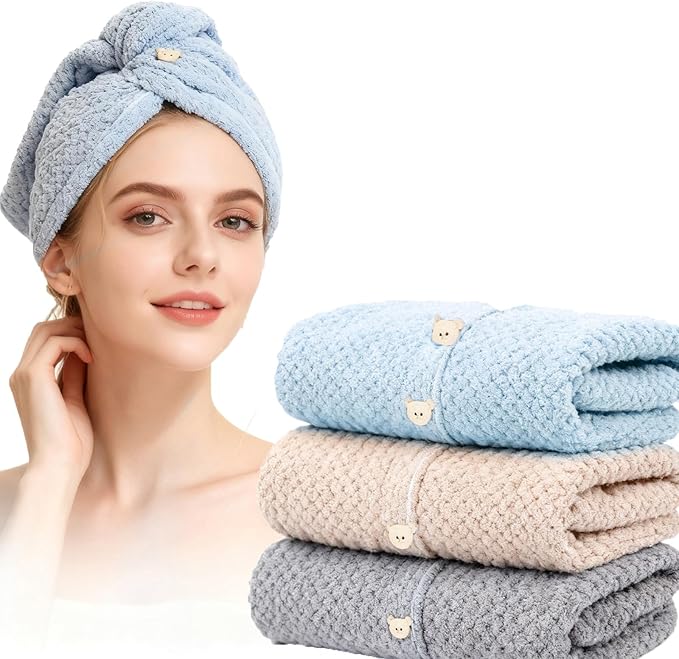 Busftlst 3Pcs Hair Towel Caps, Fast Drying Hair Drying Caps Towel Turban Wrap, for Speedy Drying, Styling, and Deep Conditioning, Travel-Friendly and Lightweight, for Wet Hair Women