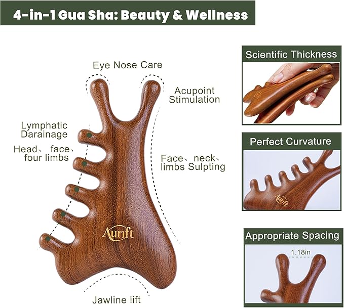 Mother’s Day Gift for Mom, 4-in-1 Wooden Gua Sha Facial Tools & Hair Detangler Brush Set – Manual Guasha tool for Face & Jawline Lifting, Scalp & Head Massager, ,Self Care Relaxation Gifts for Women