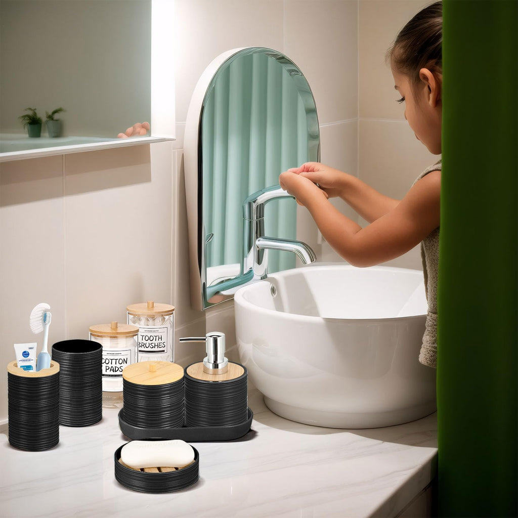IMAVO Bathroom Accessory Set-11Pcs Black Bathroom Accessories Set with Trash Can,Soap Dispenser,Soap Dish,Toothbrush Holder,Toothbrush Cup,Toilet Brush Holder,Qtip Holder Dispenser with Labels