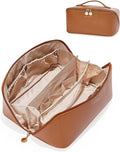 EACHY Travel Makeup Bag, Large Capacity Cosmetic Bags for Women, Waterproof Portable Open Flat Toiletry Bag Make up Bag with Divider and Handle, Gifts for Women (Brown, Large)