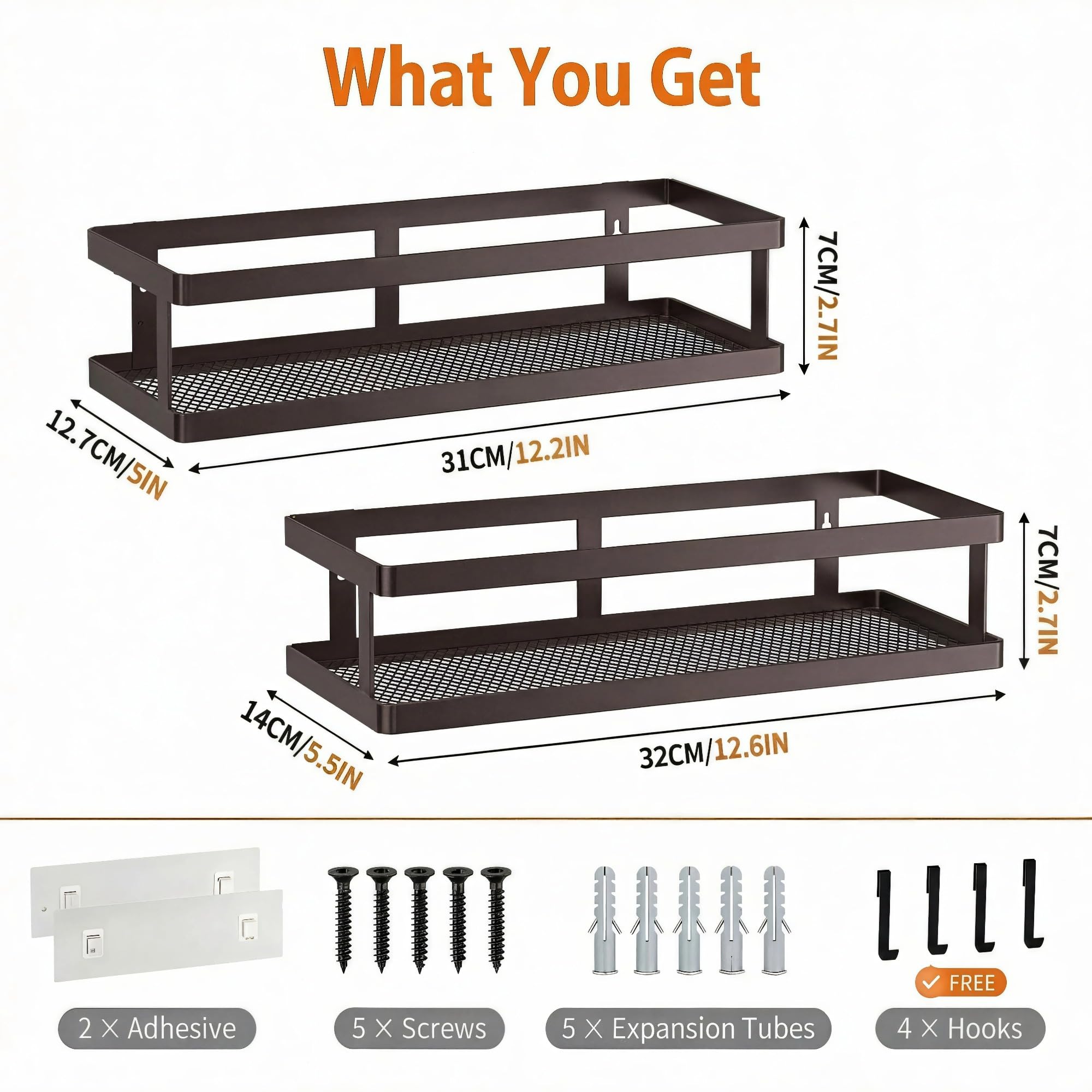 PUSDON 2-Pack Minimalist Shower Caddy Wall Mount, Open Frame Bathroom Shelf Organizer with Mesh Base, Rustproof Floating Spice Rack for Kitchen, Holds 50 LBS, 4 Hooks - Vintage Bronze, Guardrail