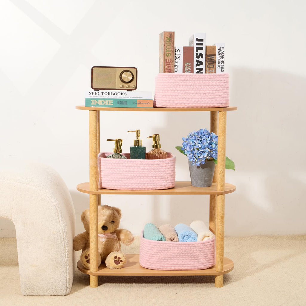 MiniArk Small Storage Baskets for Organizing | Closet Organizer Bins | Shelf Toy Basket | Woven Rope Baskets | Cube Decorative Box | Shallow Basket | 11.5x7.5x4.7” | 3 Packs Light Pink