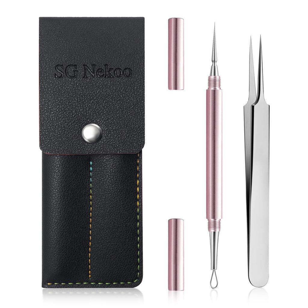 SGNEKOO Professional Facial Milia Remover Tools and Whitehead Extractor,Titanium Alloy Double Ended Needle and Steel Tweezers Kit,Blackhead,Blemish,Zit and Pimple Acne Removal Popper (Stainless Pink)