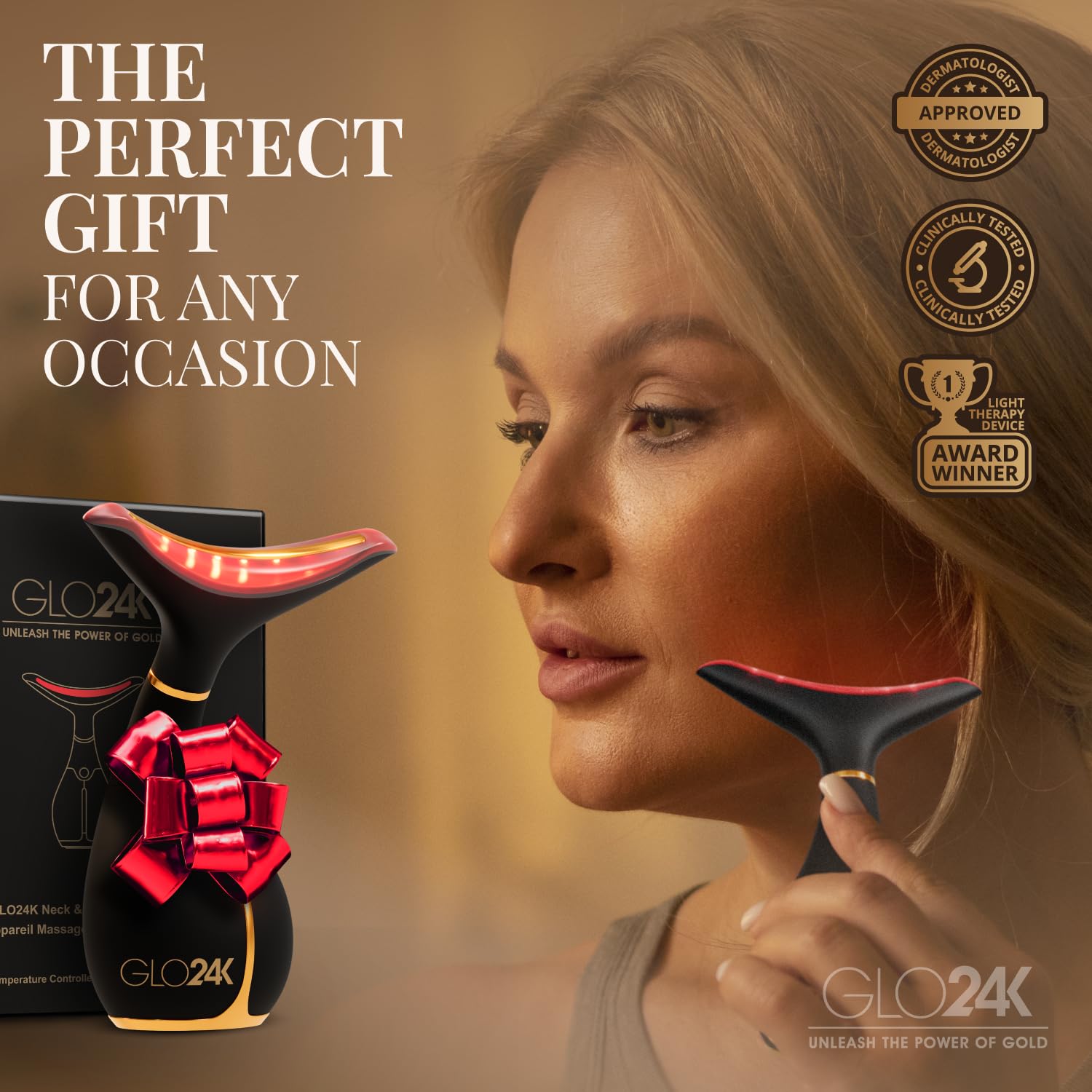 GLO24K LED Facial Massager for Face & Neck – Beauty Wand with LED Light, Vibration & Gentle Warmth – Cosmetic Skincare Tool for Daily Self-Care