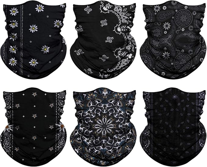 Neck Gaiter Mask, Sun Mask, Rave Bandana Face Mask, Seamless Face Scarf, Headband for Men Women (A-Black Series 2)
