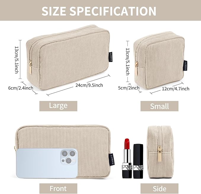 MAGEFY Makeup Bag for Purse, 2 Pcs Corduroy Cosmetic Bag for Girls Women Small Travel Makeup Pouch with Zipper(Beige)