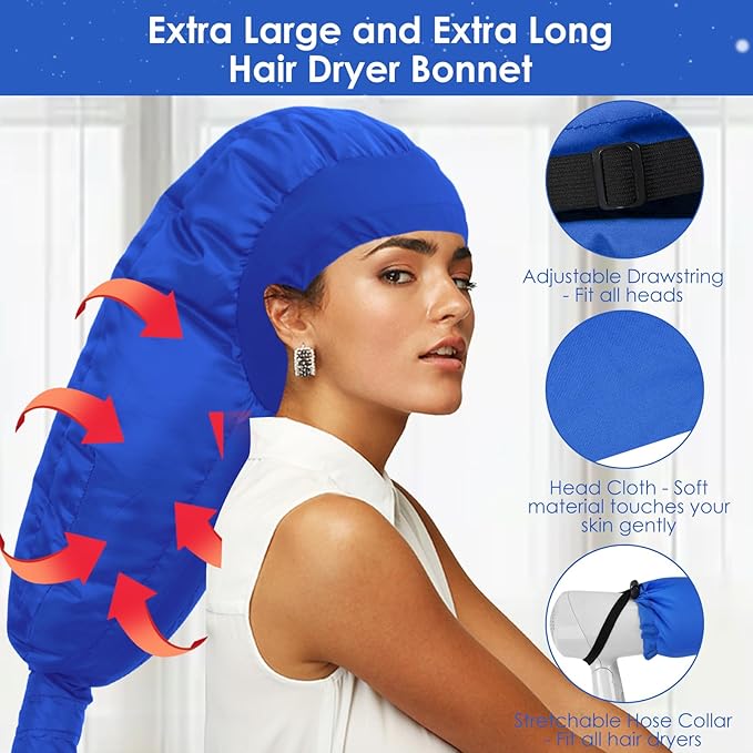 TEPENAR Hair Dryer Bonnet Attachment: Upgraded Extra Large Hooded Dryer Adjustable Hair Dryer Caps - Easy to Use for Natural Curly Textured Hair Care Styling Fast Drying - Blue