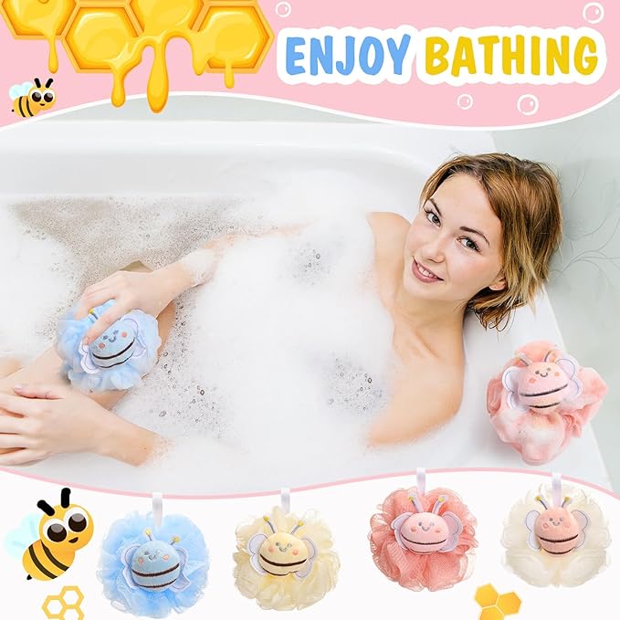 4 Pcs Bee Bath Loofah Sponge Cartoon Body Scrubber Loofah Soft Mesh Exfoliating Bath Scrubber Shower Ball for Shower Sponge Gifts Exchange Birthday Party