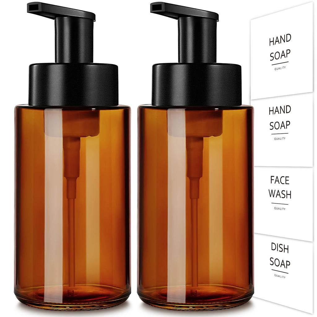 RYTOXILO Amber Foam Soap Dispenser, 10 oz/300ml Glass Foaming Soap Dispenser, 2 Pcs Foaming Hand Dispenser for Bathroom & Kitchen, Refillable Bottle with Waterproof Labels
