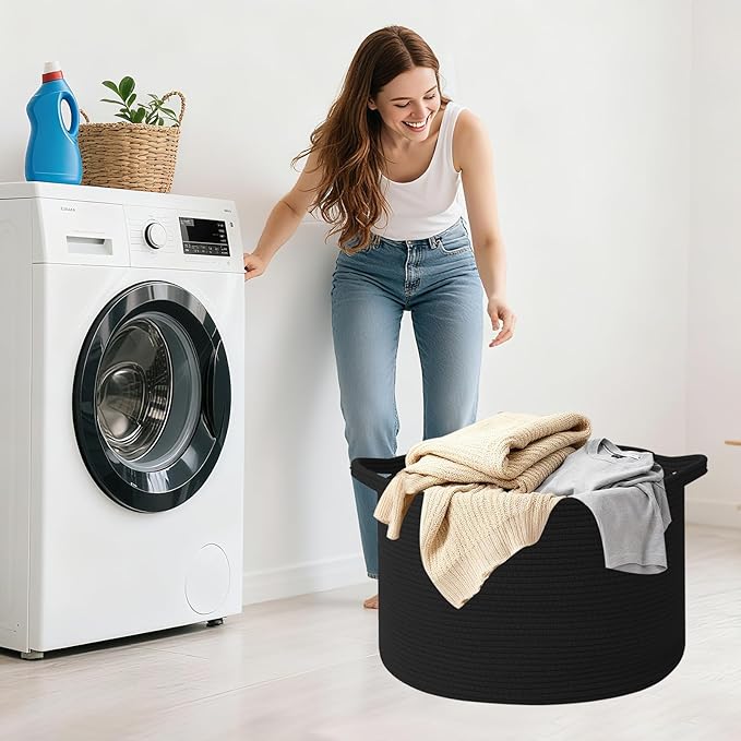 65L Large Blanket Basket,19.7" L x 19.7" W x 13" H Rope Woven Baskets with Handles, Toys Storage Bins,Laundry Basket Perfect for Living Room, Nursery,Bedroom,Home Organization,Black